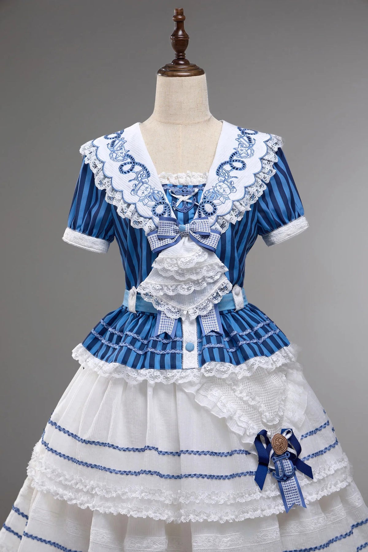 Antique Sailor Bear Blue Stripe Cropped Top Long Skirt Lolita Set