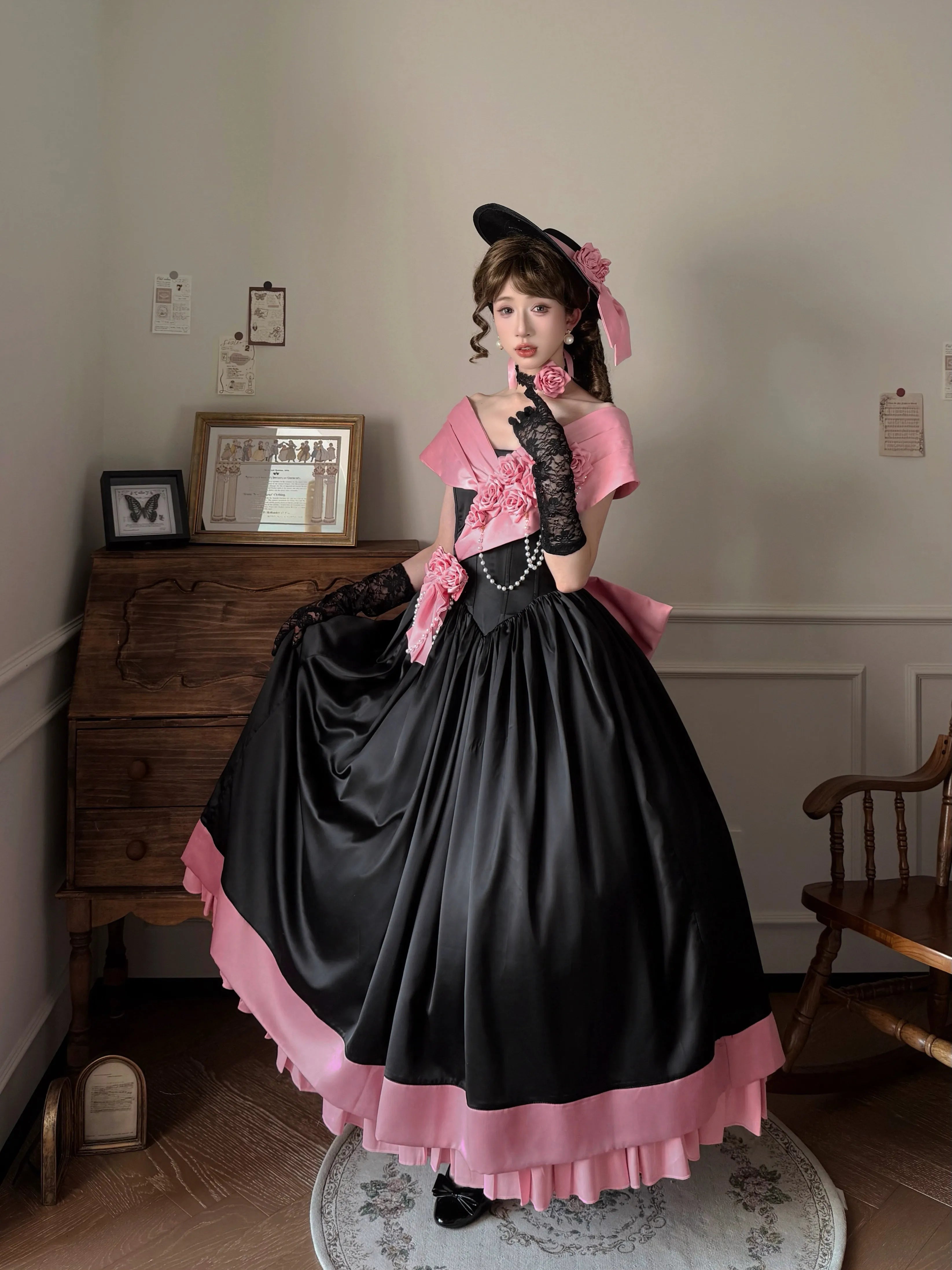 Rose 3D Floral Pearl Gothic Lolita Ball Gown OP Dress