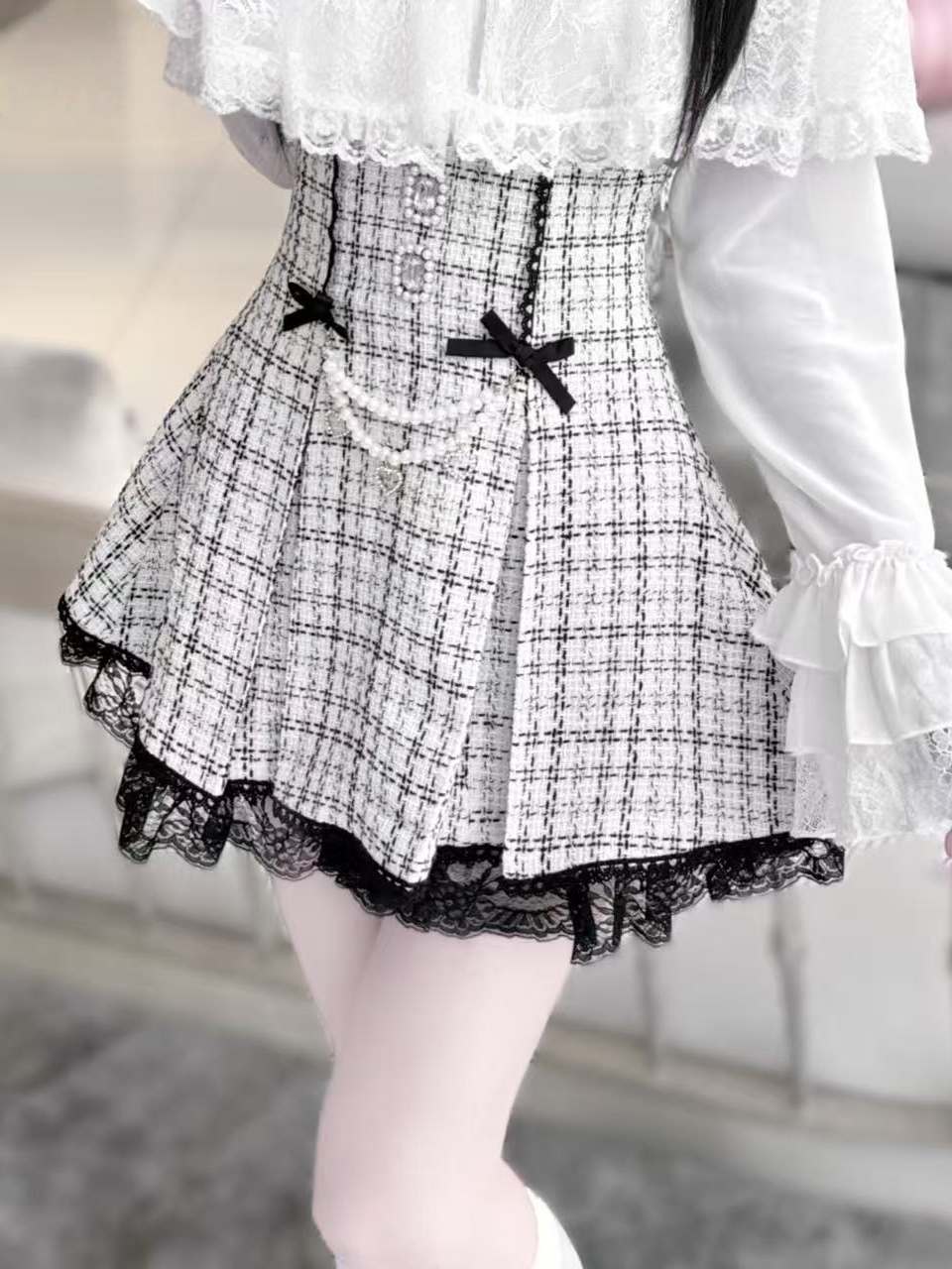 Lolita Pearl Chain Tweed Lace Skirt LR1003