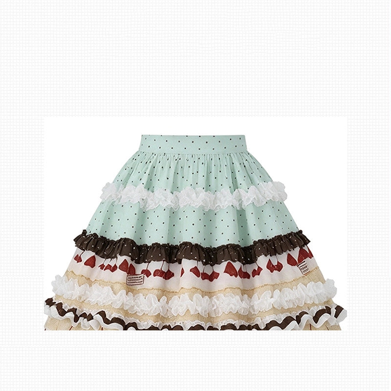 Chocolate Strawberry Polka Dot Puffy Long Cake Skirt
