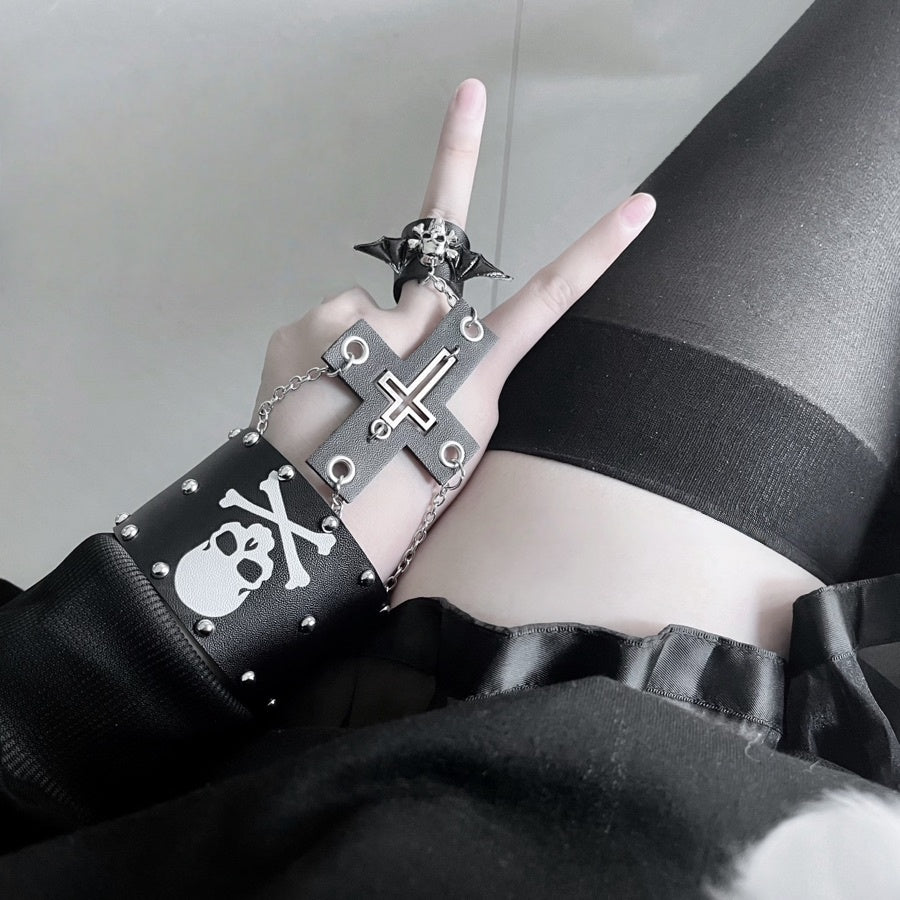 Y2K Goth Punk Black Leather Bracelet LE6008