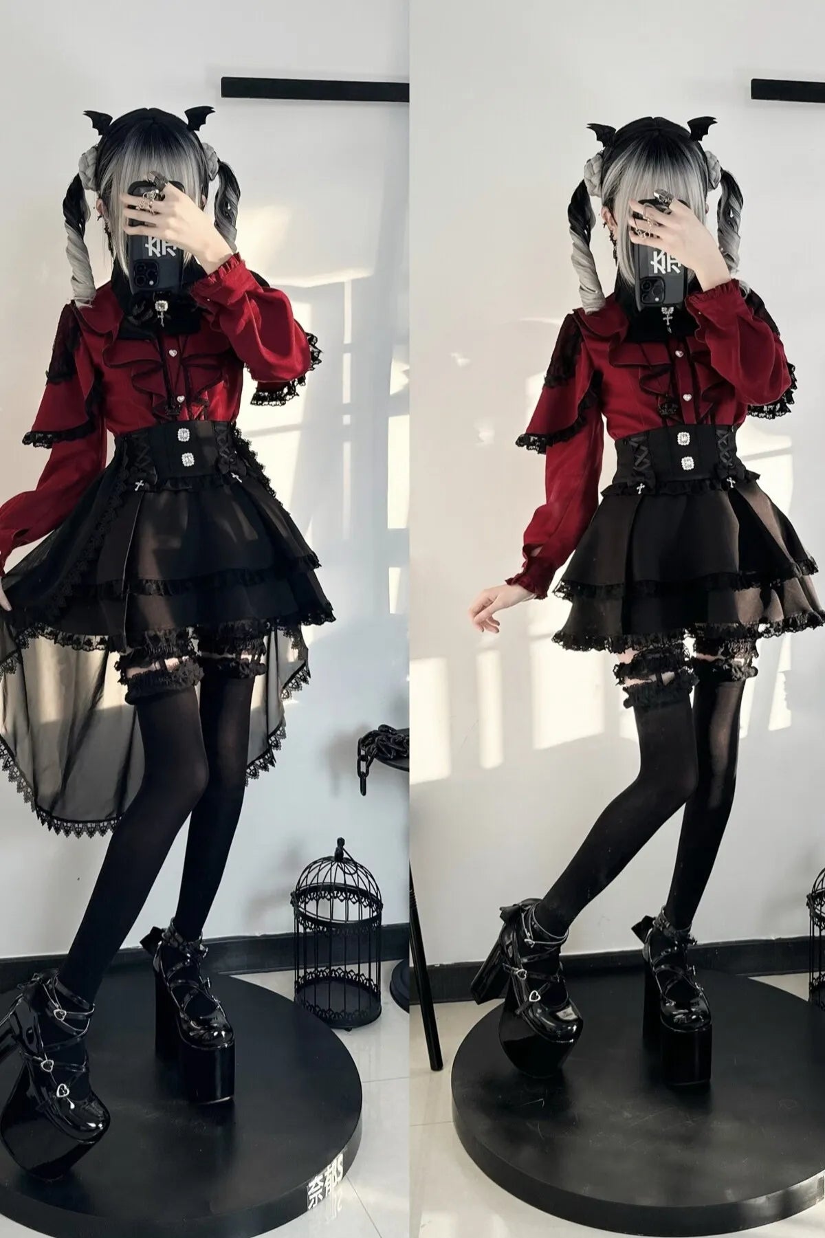 Dark Wing Love Gothic Ryōsangata Jiraikei Lace Two-Piece Set