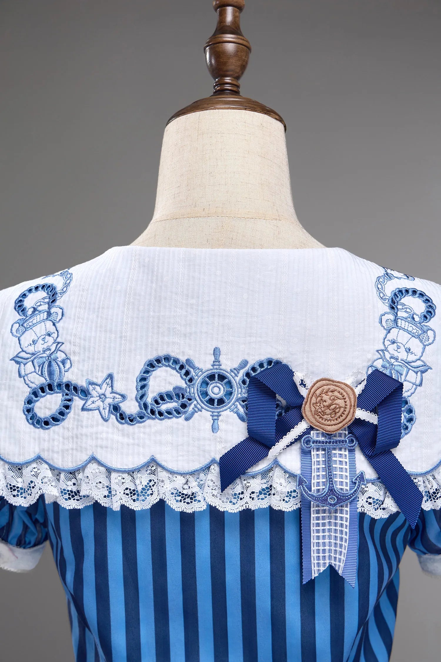 Antique Sailor Bear Blue Stripe Cropped Top Long Skirt Lolita Set