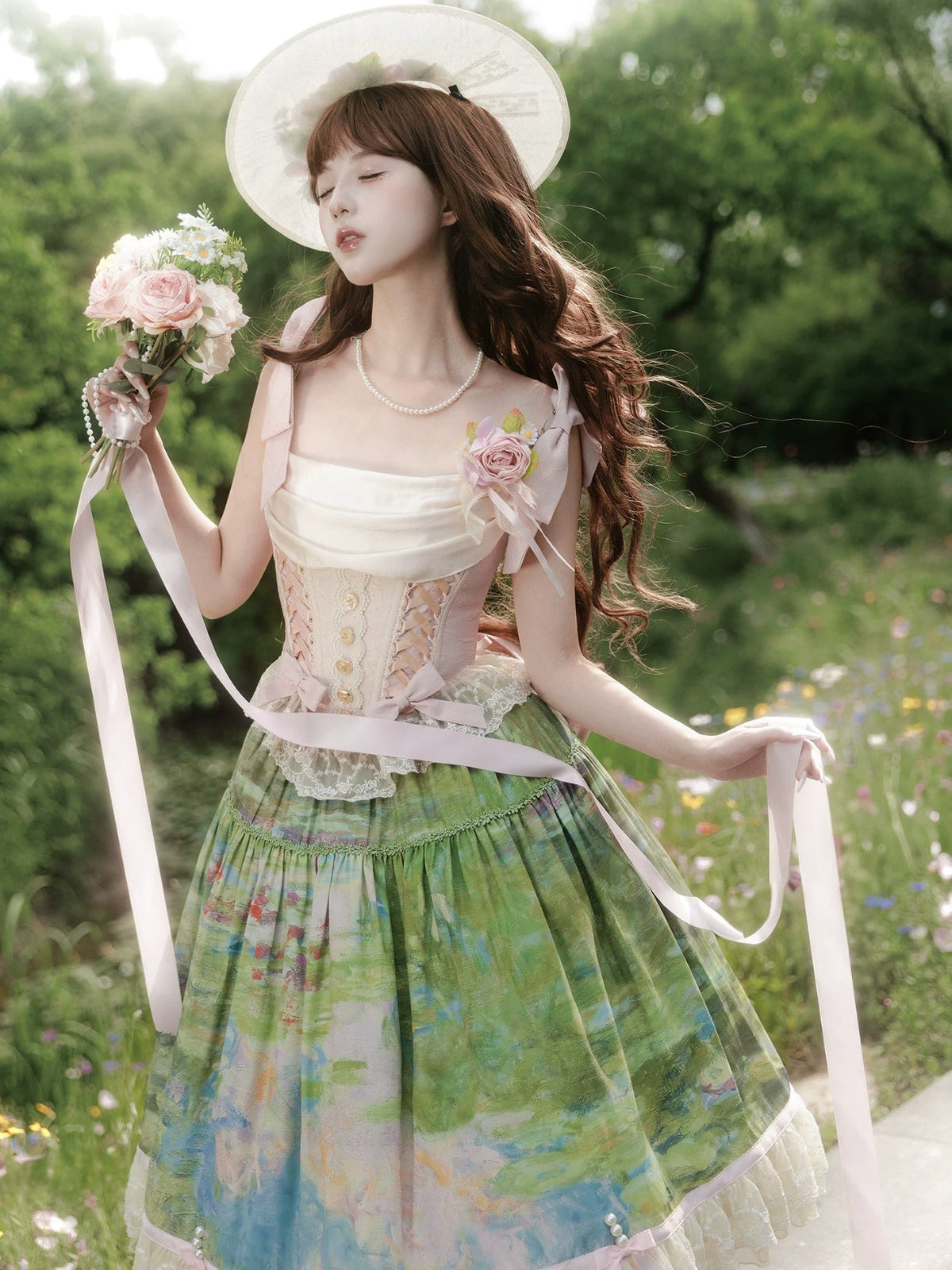 Ensemble Robe et Corset Lolita Classique "Le Jardin de Monet" (Peinture à l'Huile)