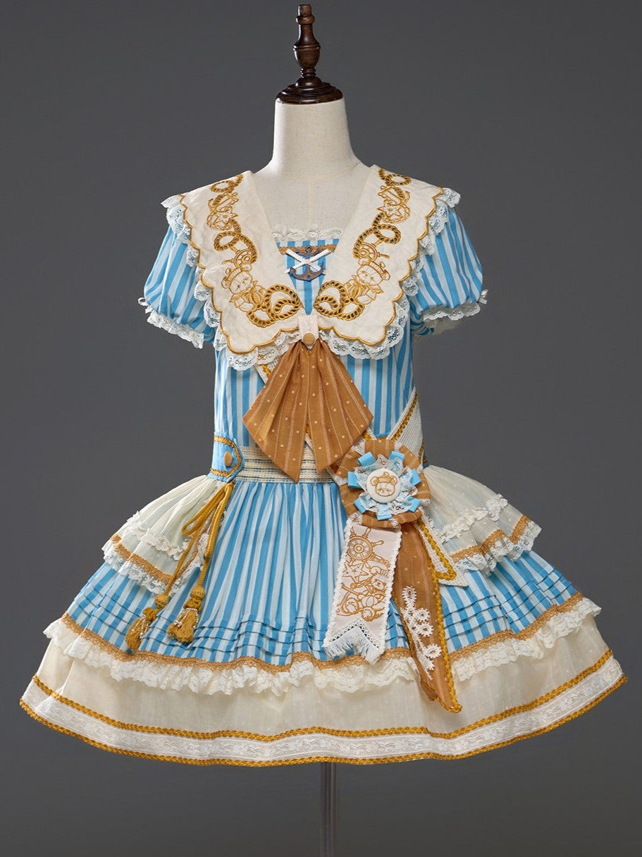 Antique Sailor Bear Blue Stripe Low Waist Lolita OP Dress