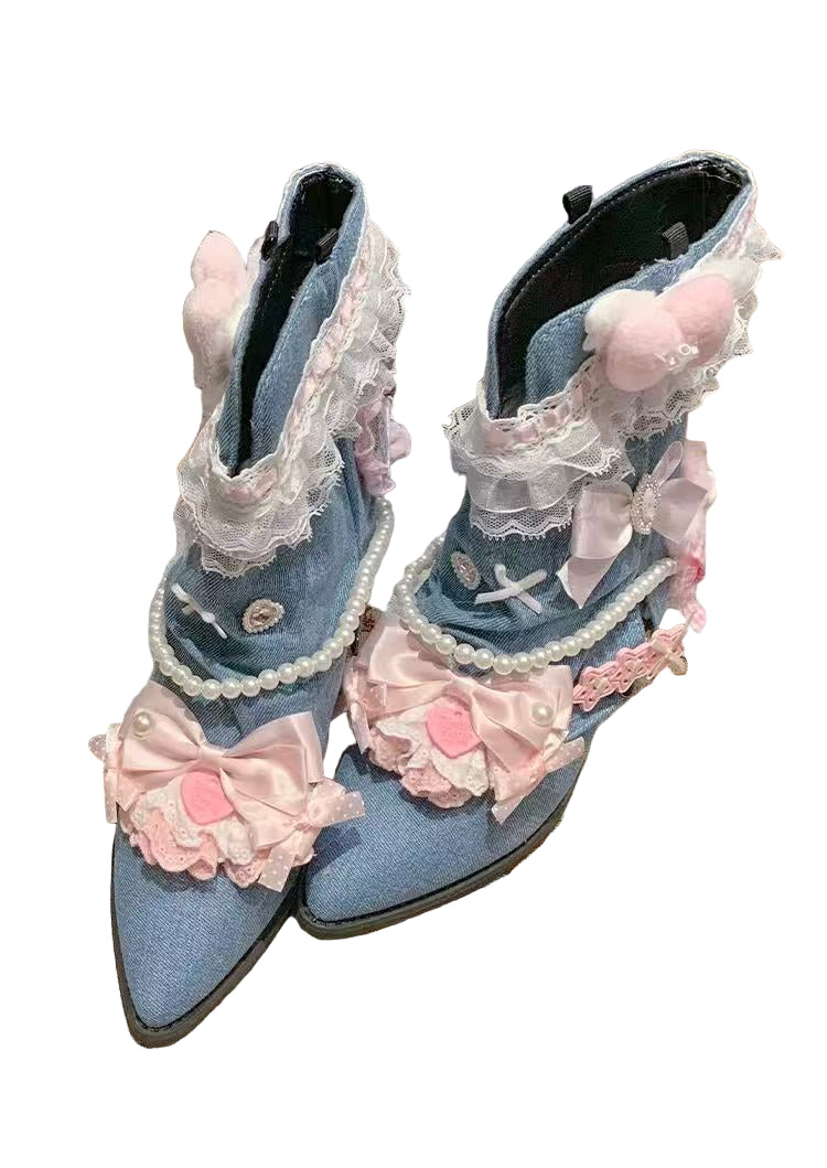 Lolita Bow Lace Denim Pointed Toe Ankle Boots LE5003