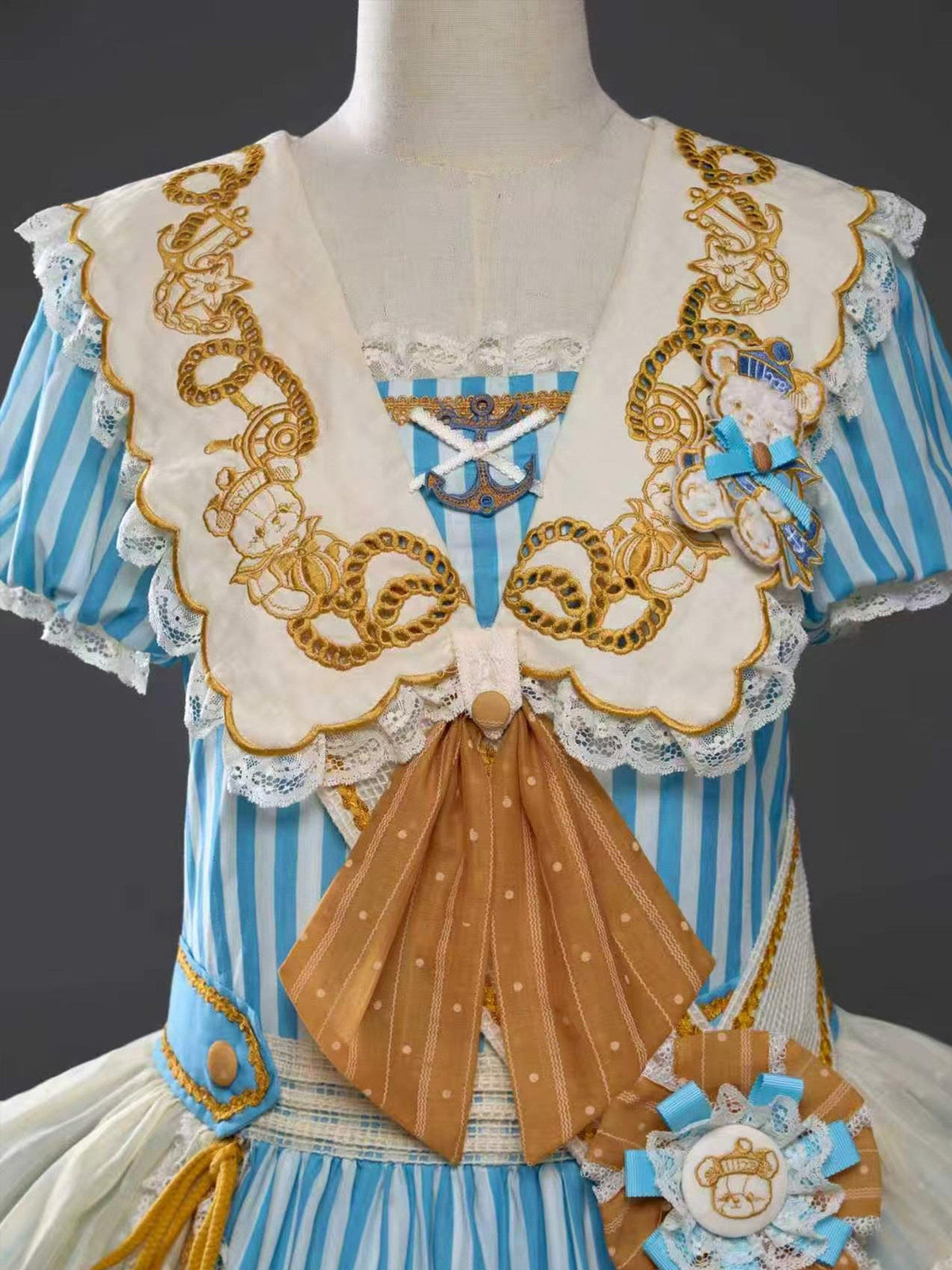 Antique Sailor Bear Blue Stripe Low Waist Lolita OP Dress