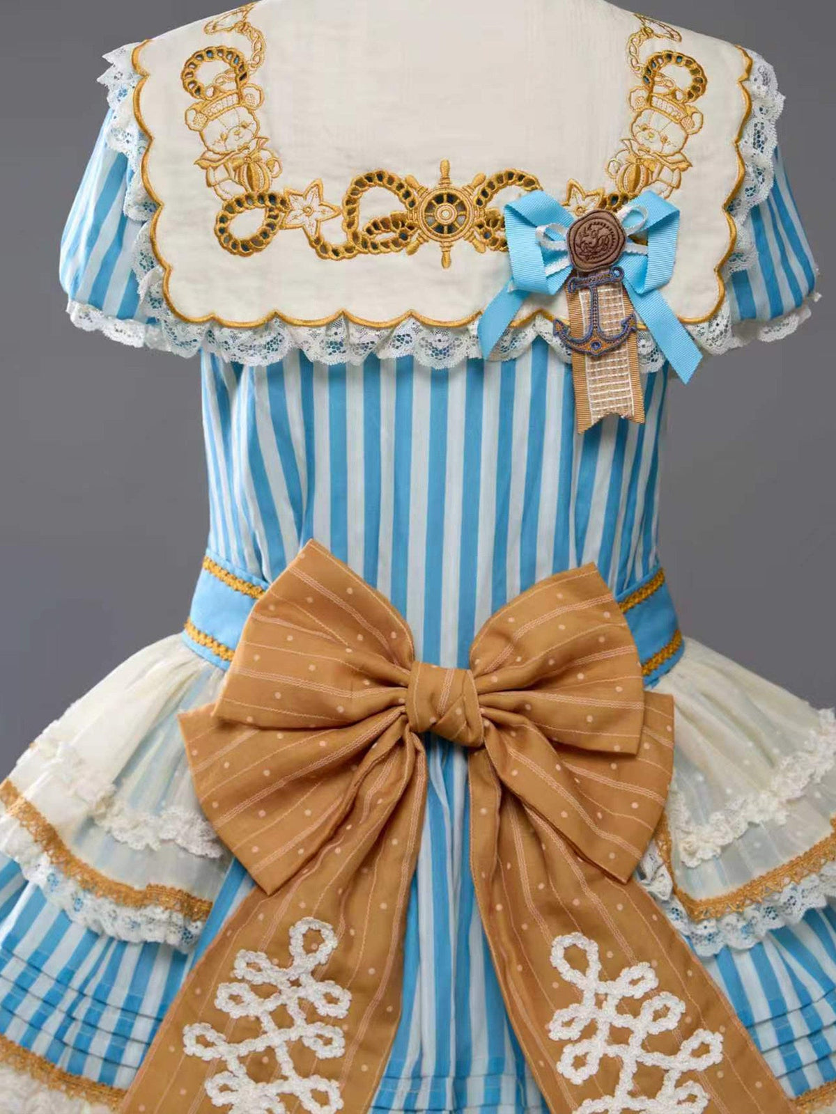 Antique Sailor Bear Blue Stripe Low Waist Lolita OP Dress