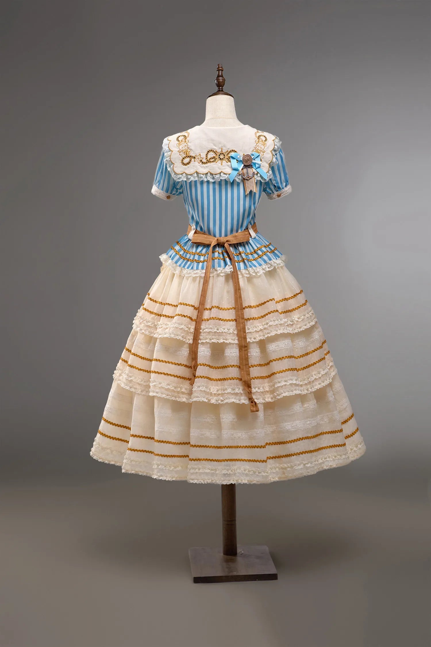 Antique Sailor Bear Blue Stripe Cropped Top Long Skirt Lolita Set