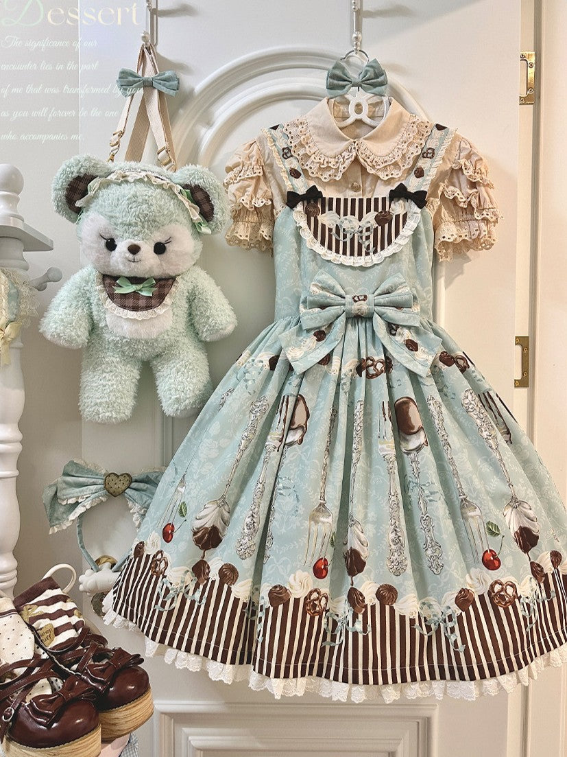 Dessert Sky Blue Chocolate Print Off-center Waist Sweet Lolita JSK