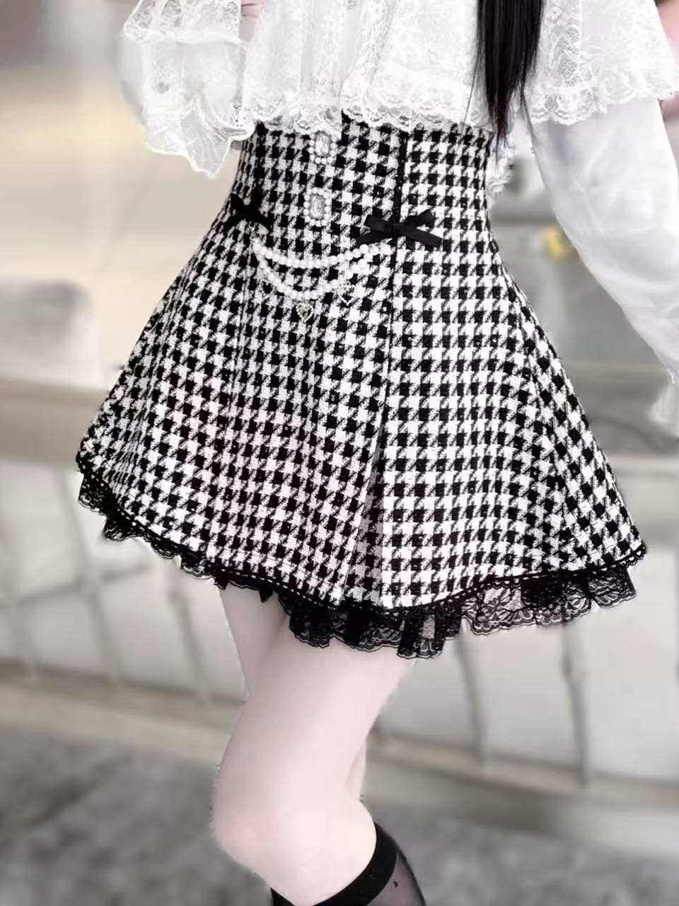 Lolita Pearl Chain Tweed Lace Skirt LR1003