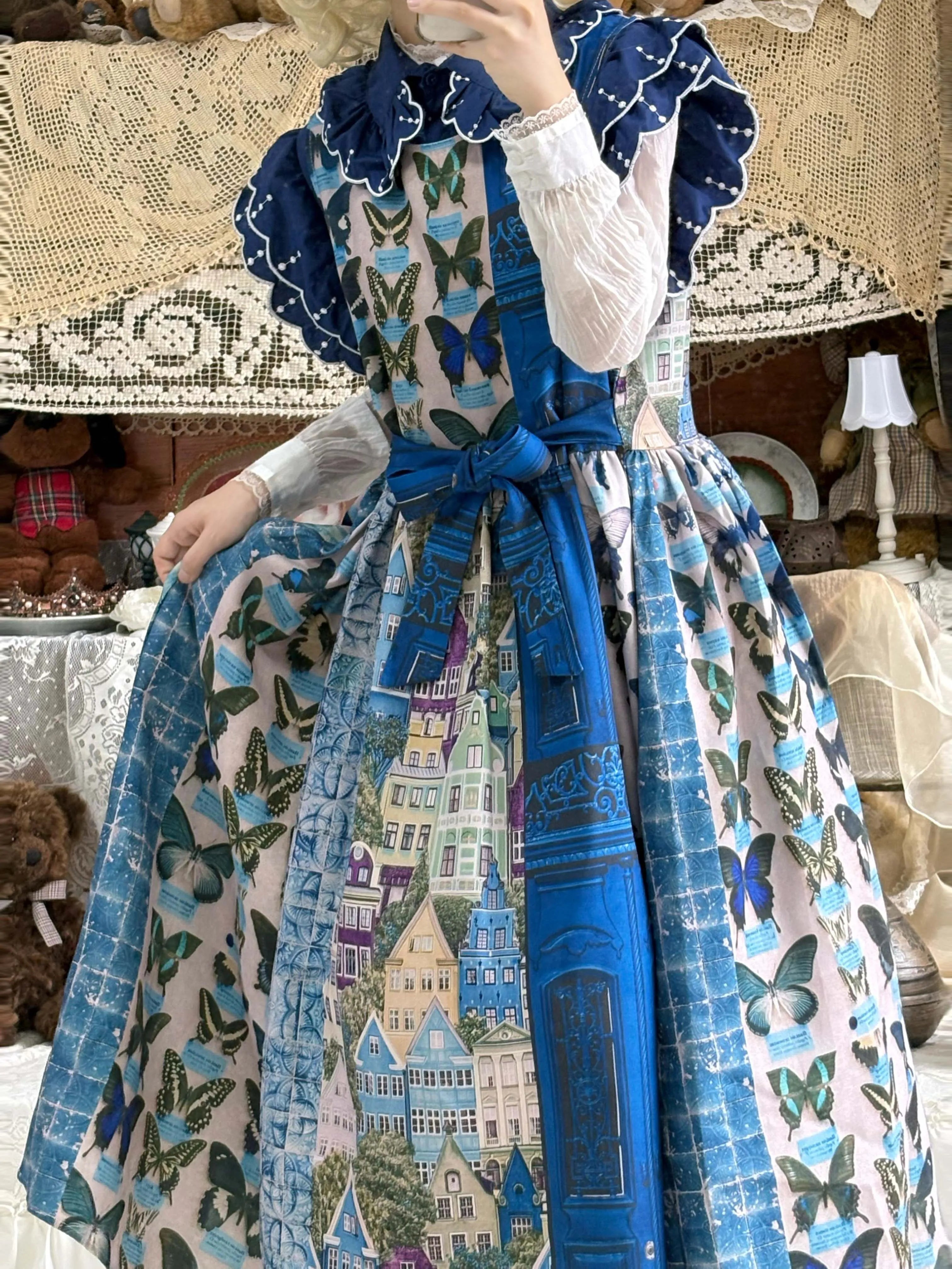 Blue Butterfly Pinafore Dress Japanese Lazy Forest Style