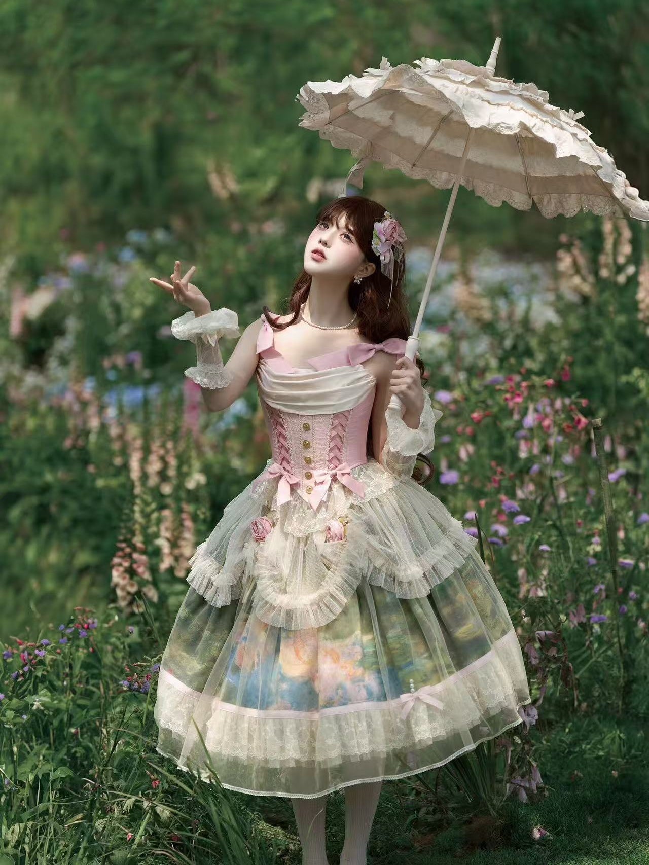 Monet's Garden Oil Painting Classic Lolita Corset & SK Dress Set