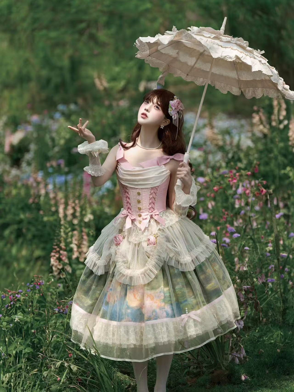 Ensemble Robe et Corset Lolita Classique "Le Jardin de Monet" (Peinture à l'Huile)