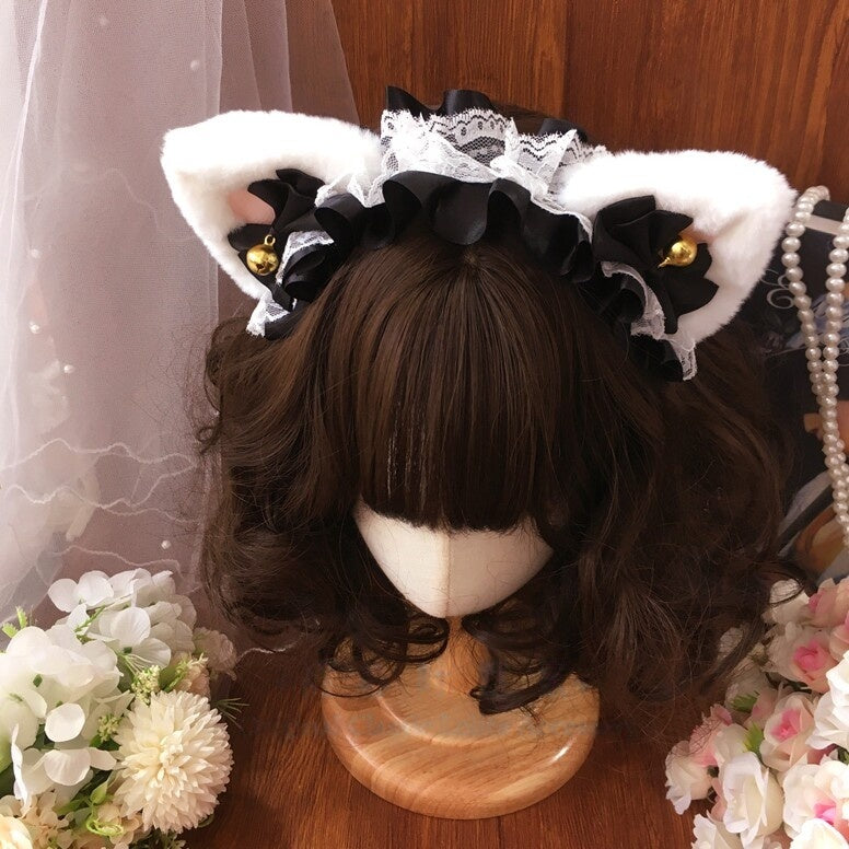 Plush Cat Ear Lace Lolita KC Headband with Bell Classic Vintage Style