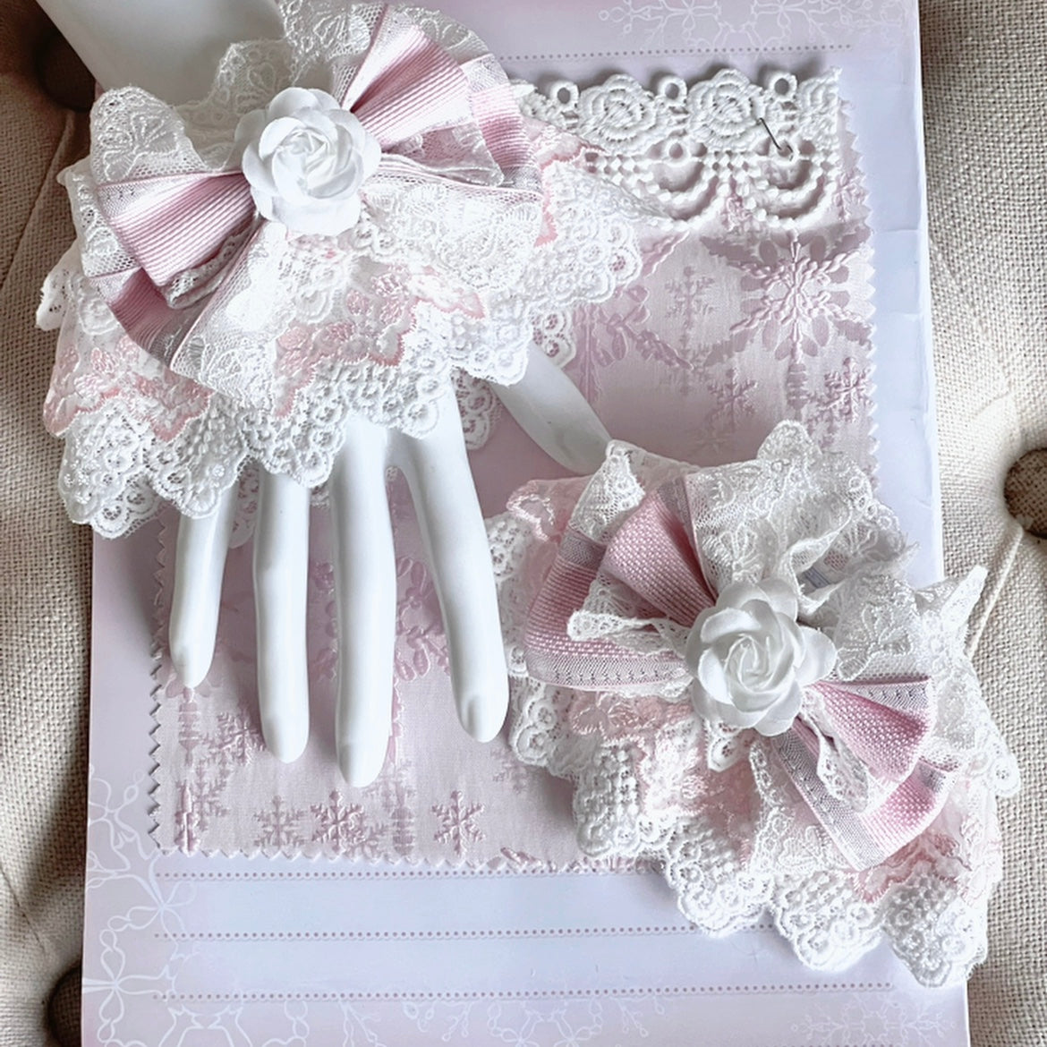 Lolita Pink Sweet Lace Bow Bonnet/KC/Sleeves