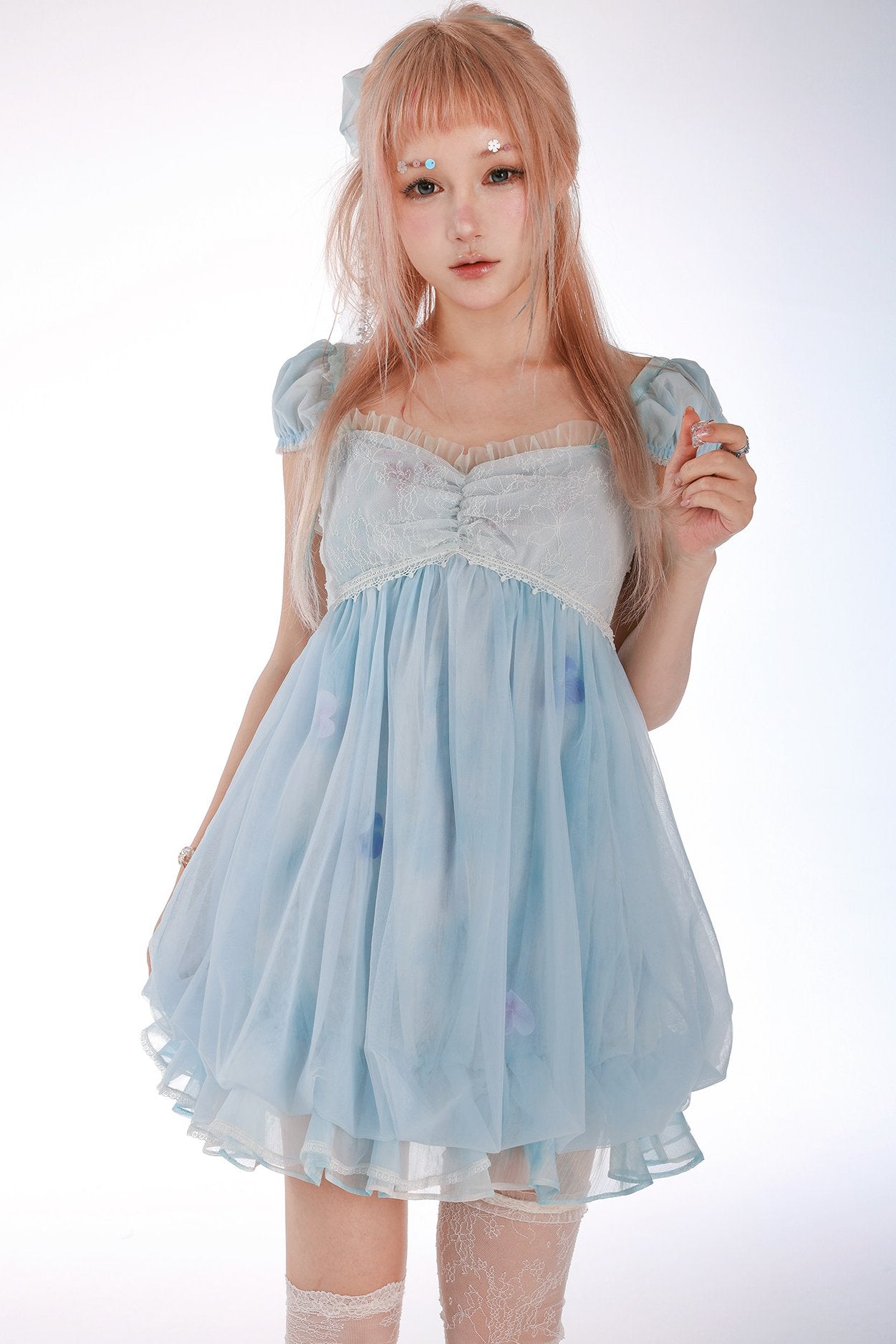 Jellyfish Moon Girl Sky Blue Puff Sleeve Lace Tulle Puff Dress