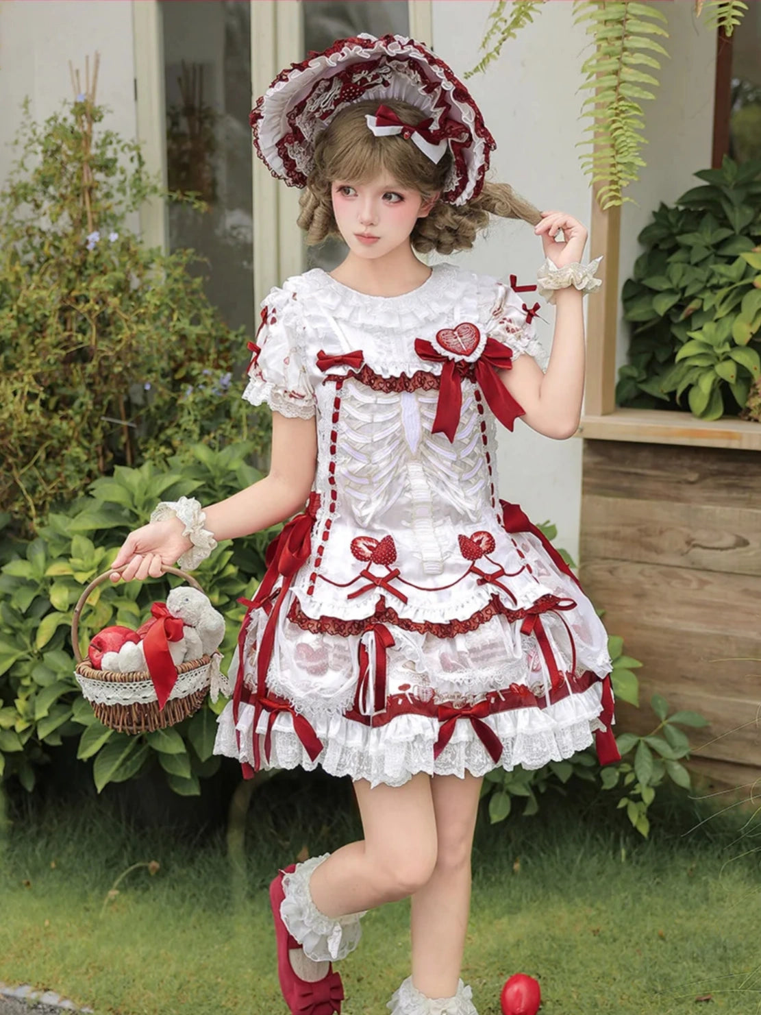 Strawberry Heart Bone White Red Gothic Lolita OP Dress or JSK