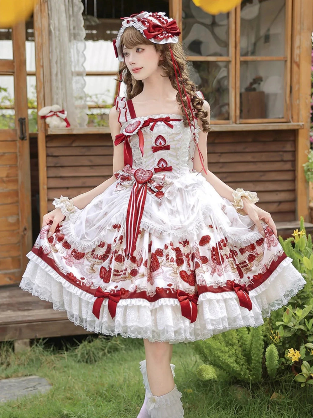 Strawberry Heart Bone White Red Gothic Lolita OP Dress or JSK