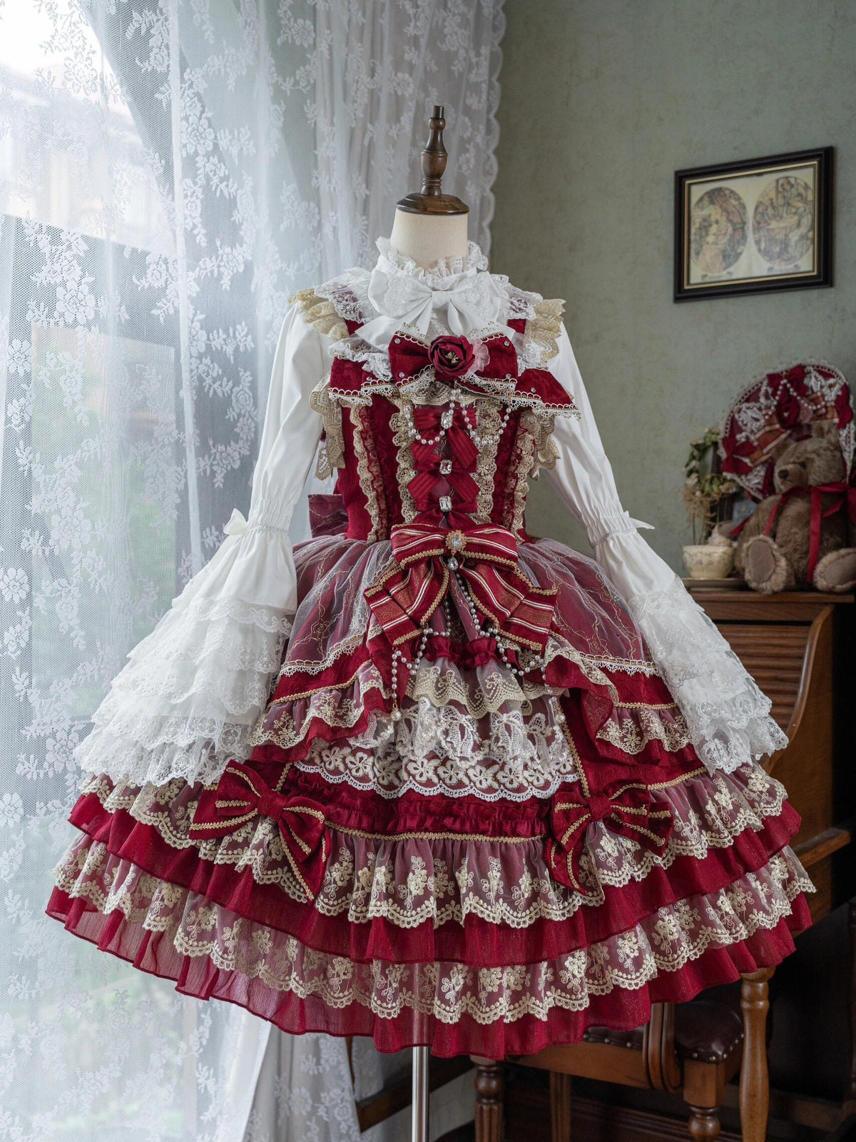 Crown of Gems Lolita Original Doll‑Like Strap JSK Red Dress