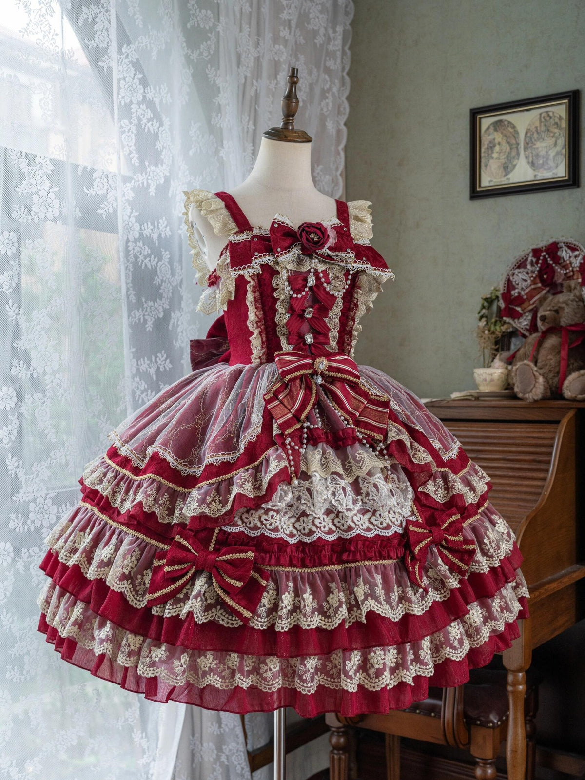 Crown of Gems Lolita Original Doll‑Like Strap JSK Red Dress