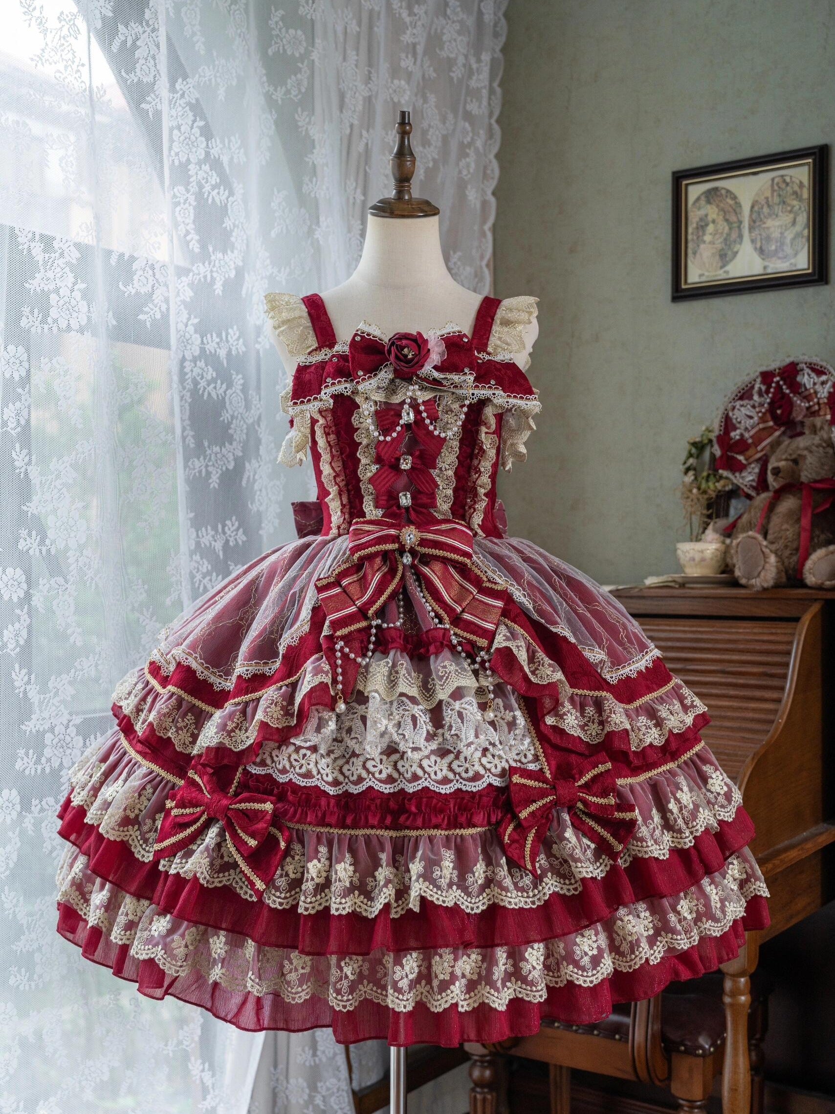 Crown of Gems Lolita Original Doll‑Like Strap JSK Red Dress