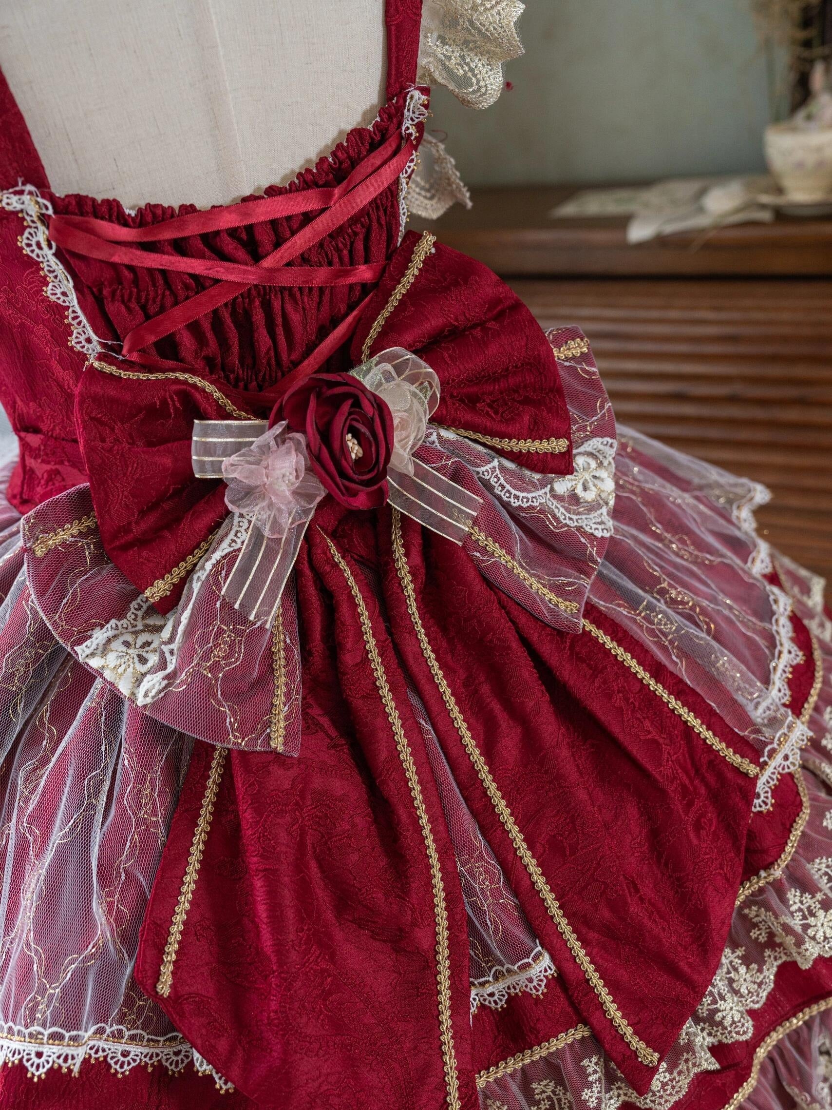 Crown of Gems Lolita Original Doll‑Like Strap JSK Red Dress