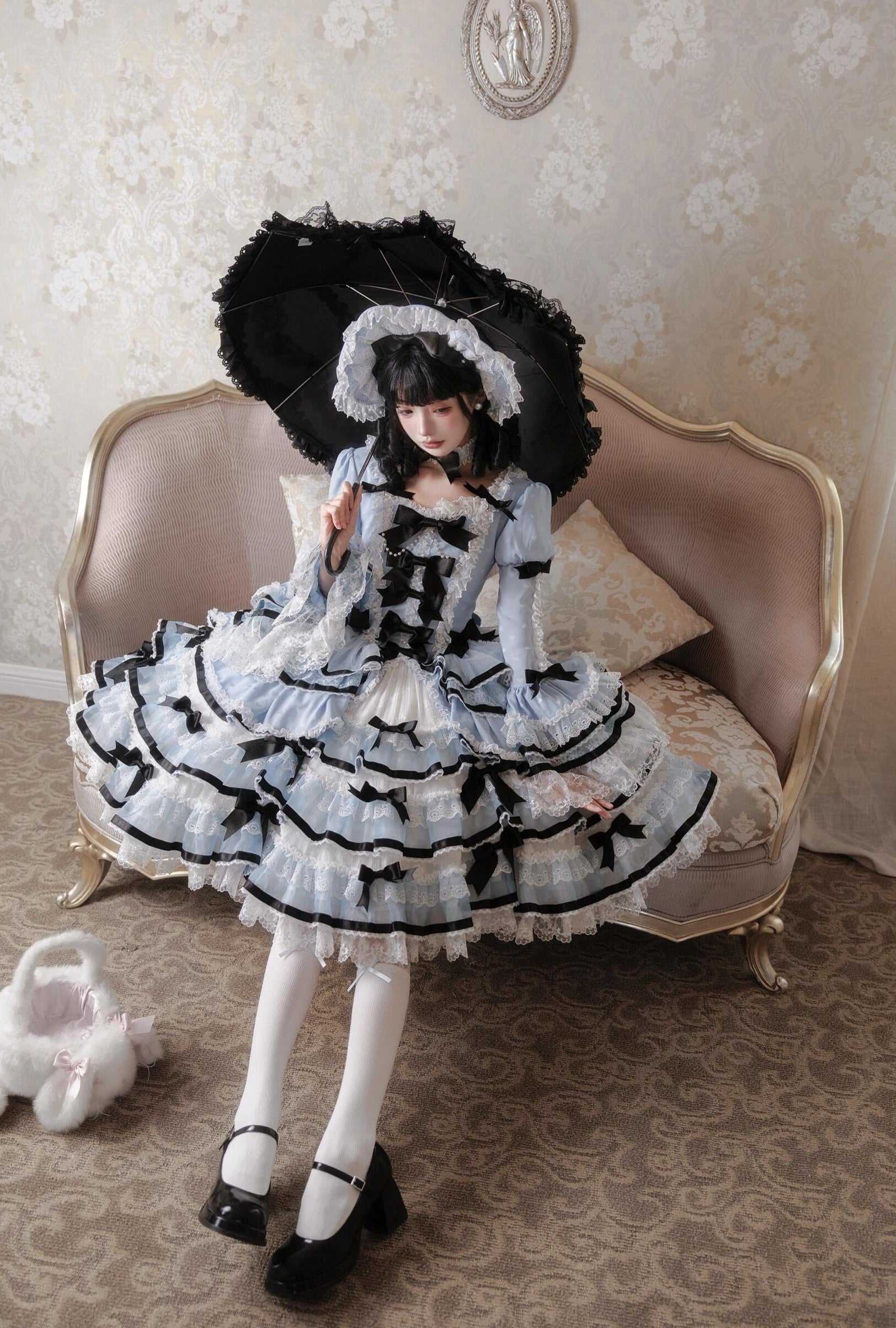 Deluxe Cake Alice Blue Black Tiered Ruffle Classic Lolita OP Set