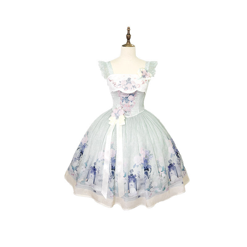 Morning Dew Rose Blue Green Hanfu Lolita JSK Dress Set