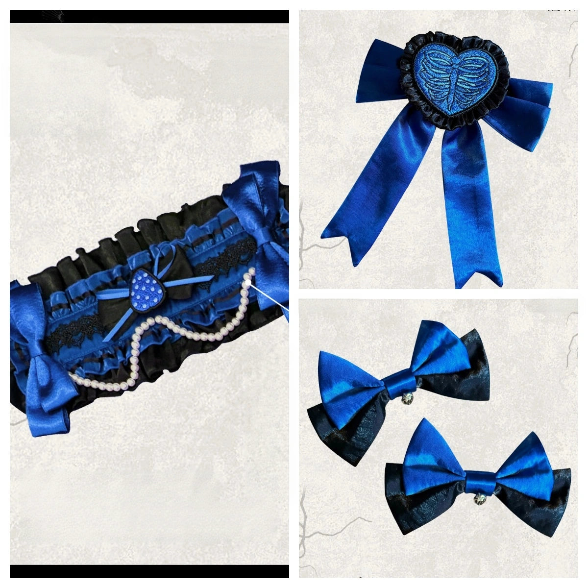 Strawberry Heart Bone Black and Blue Gothic Lolita OP Dress