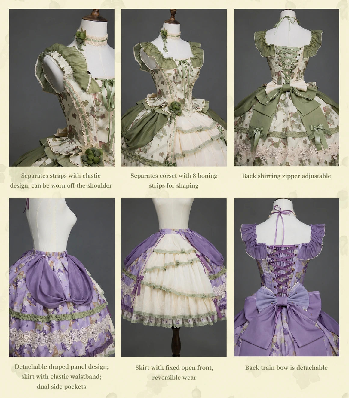 Merlot Maiden Manor Lolita Original Design Elegant Grape Print Separate Dress Set