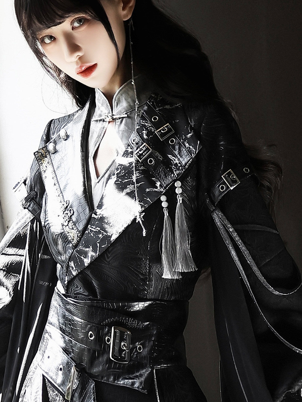 Shadow Dragon Black Silver Dragon Embroidery Oriental Hanfu Modern Set