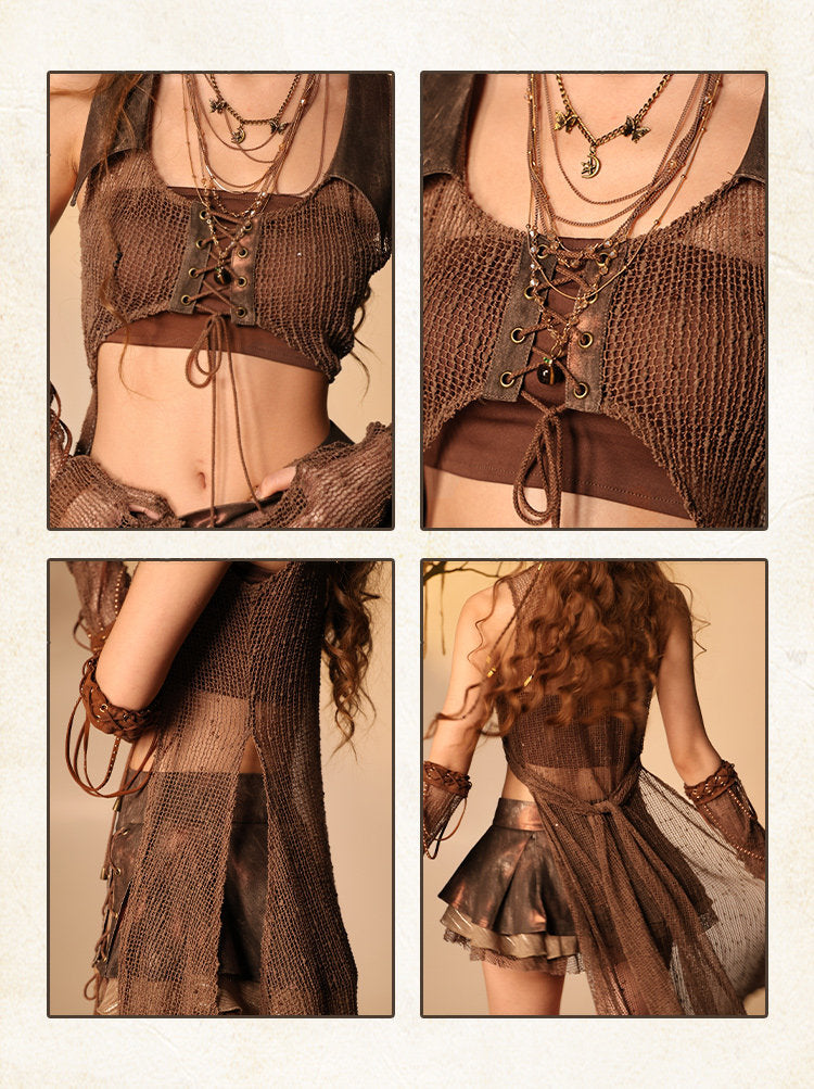 Ember Wasteland Open-Knit Lace-Up Maxi Cardigan Tube Top Set