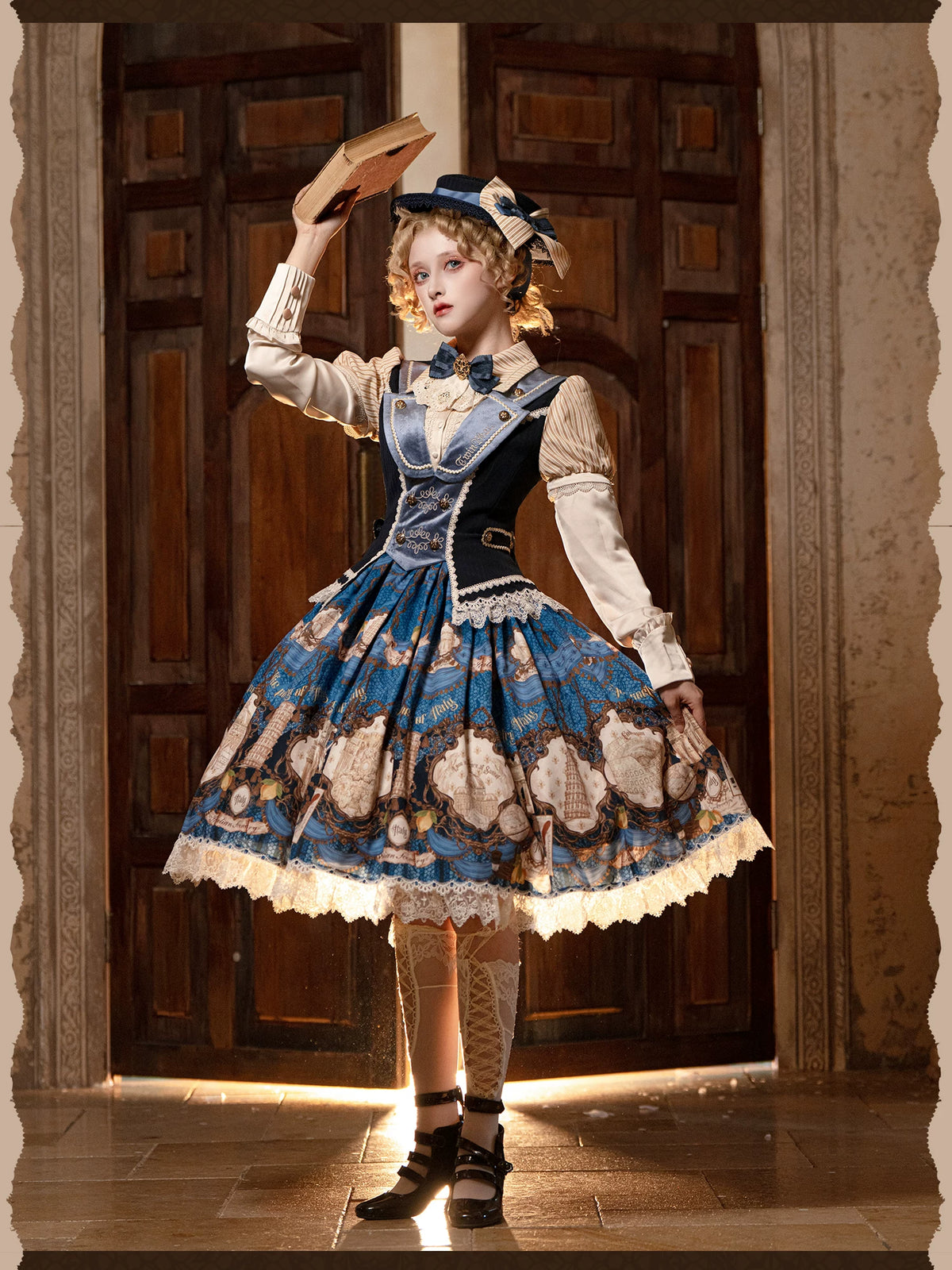 Italian Travelogue Navy British Style Lolita OP Dress and Coat