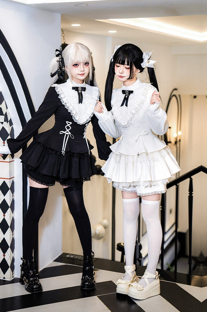 Gothic Sweet Lace Ruffle Cross Lace-Up Long Sleeve Lolita OP Dress with Shorts