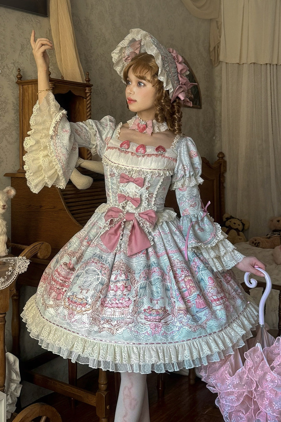 Victoria Cake Blue Grey Jacquard Vintage Sweet Lolita OP Dress