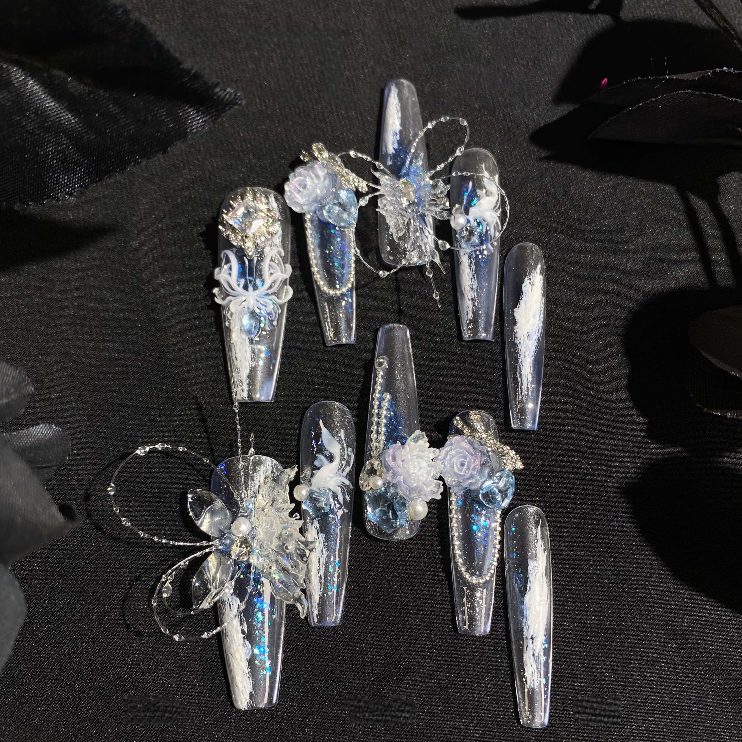 Mirror Reverie Blue Butterfly Stiletto Long Lolita Nail Art