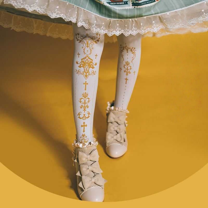 Lolita Gold Foil Cross Print Gothic Tights LE9015