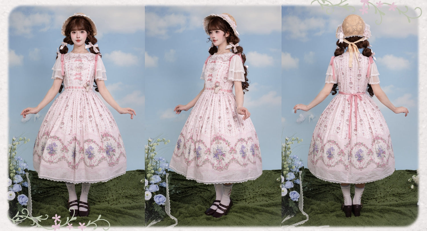 Iris Clock Lolita Flutter Sleeves Printed OP & Cut‑Work Embroidered Lapel JSK