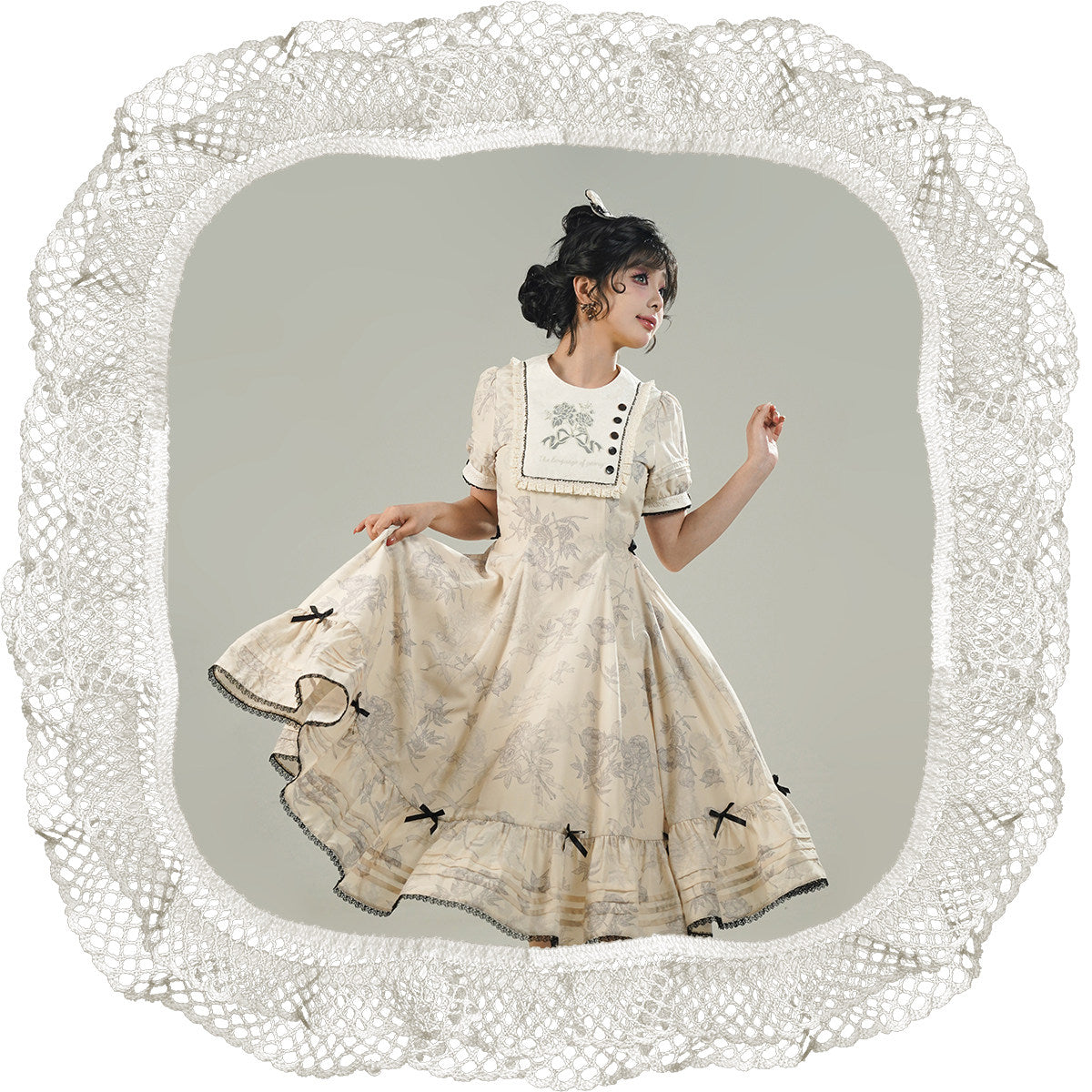 Peony Whisper Lolita Cla Printed Six‑Gore Cut Long OP Dress