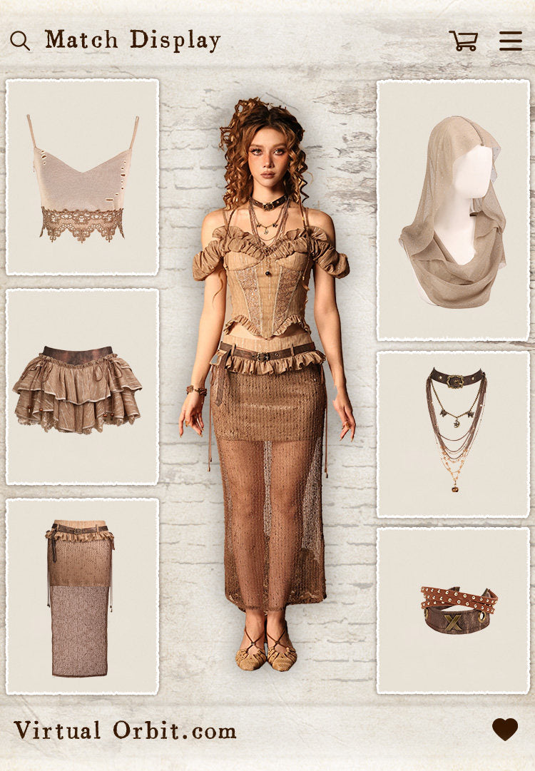 Wasteland Style Distressed Patchwork Sheer Mesh Low Waist Maxi Skirt