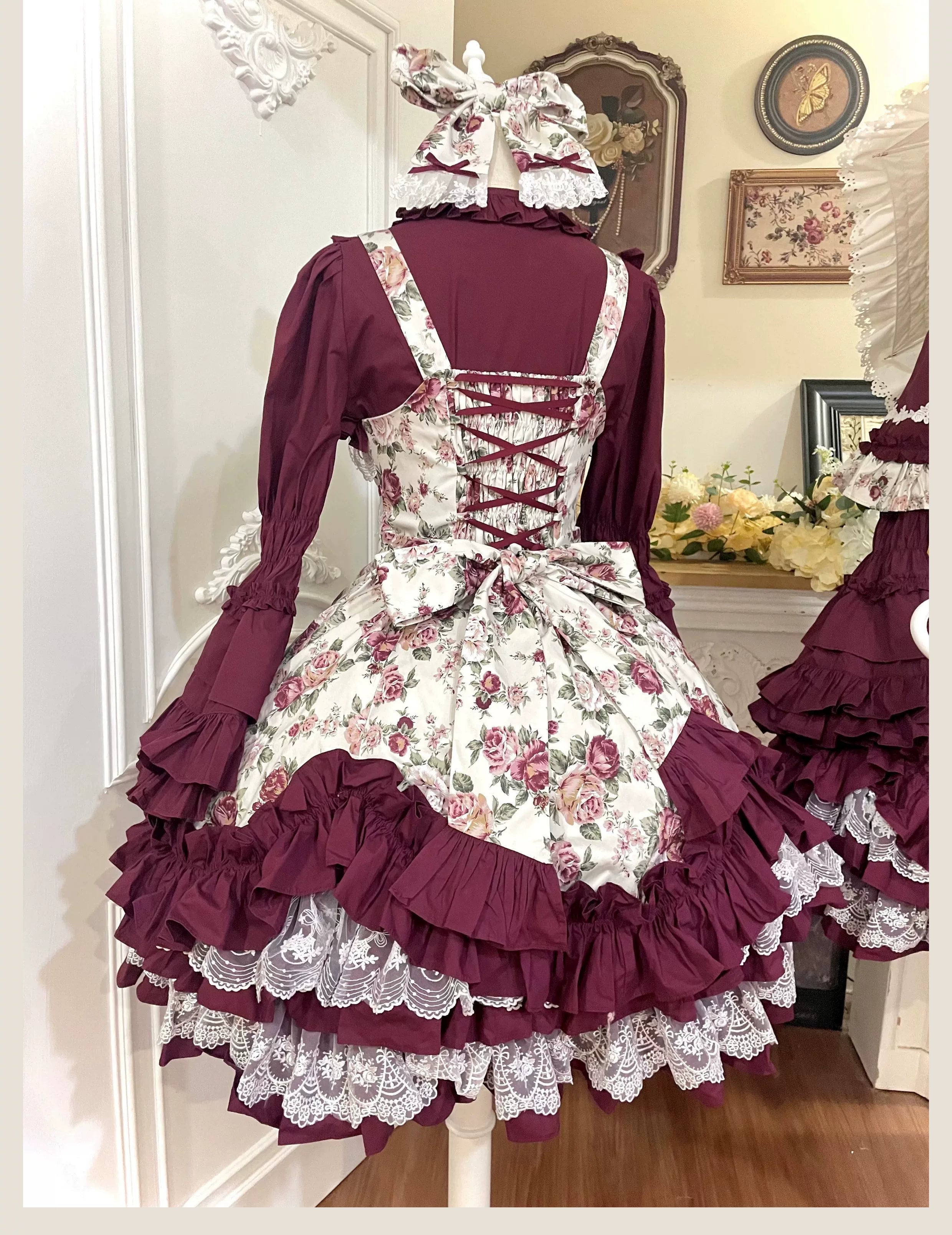 Burgundy Rose Classic Lolita JSK Vintage Japanese Rose Print