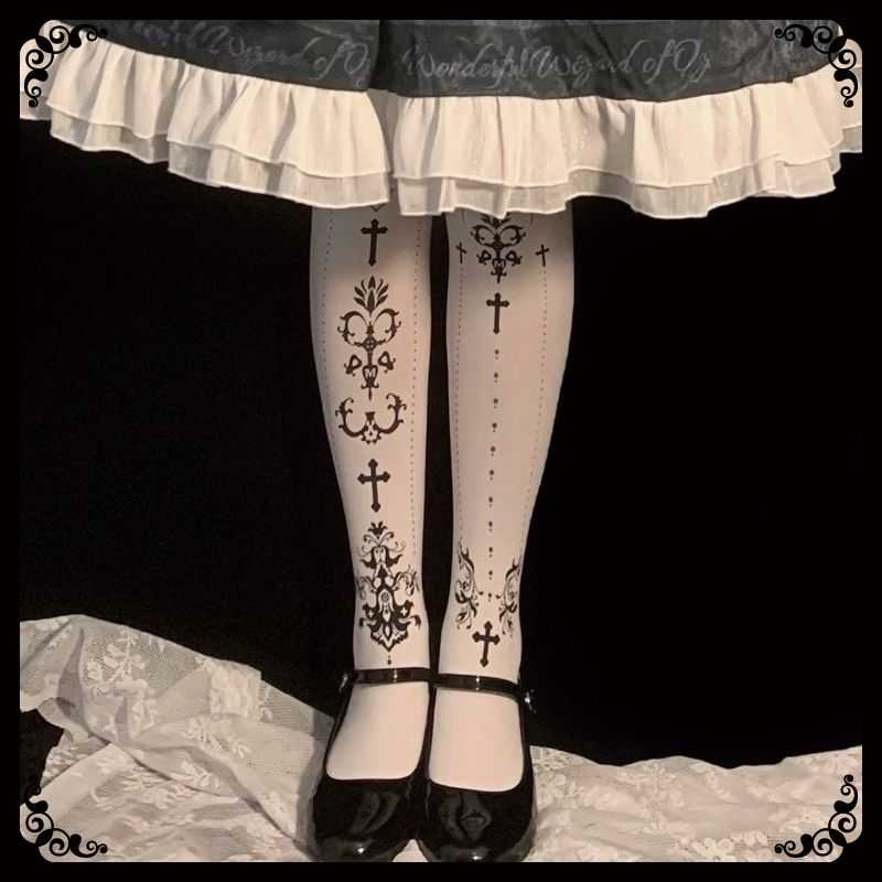 Lolita Gold Foil Cross Print Gothic Tights LE9015