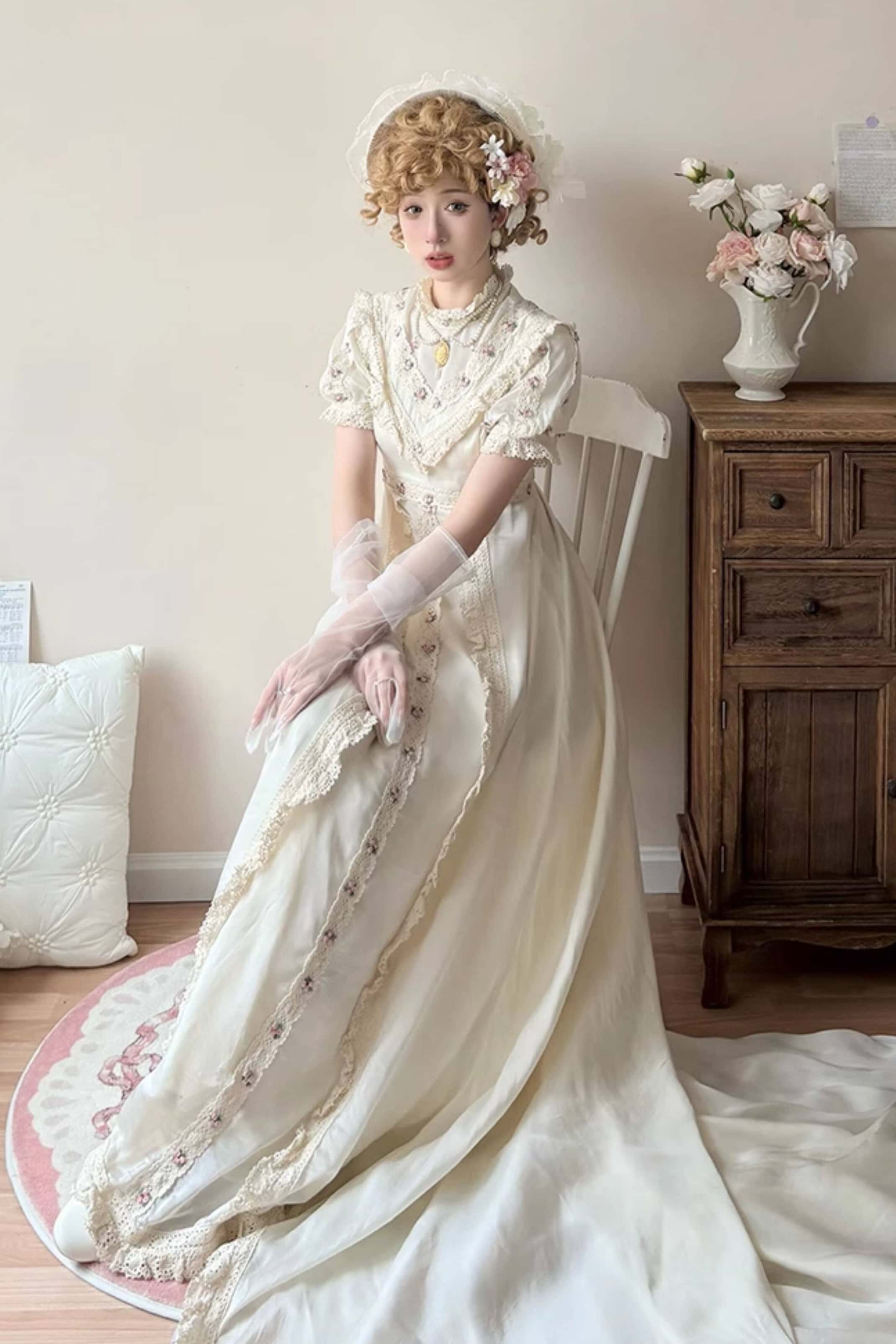 Short Puff Sleeve Empire Waist Lace Dress
