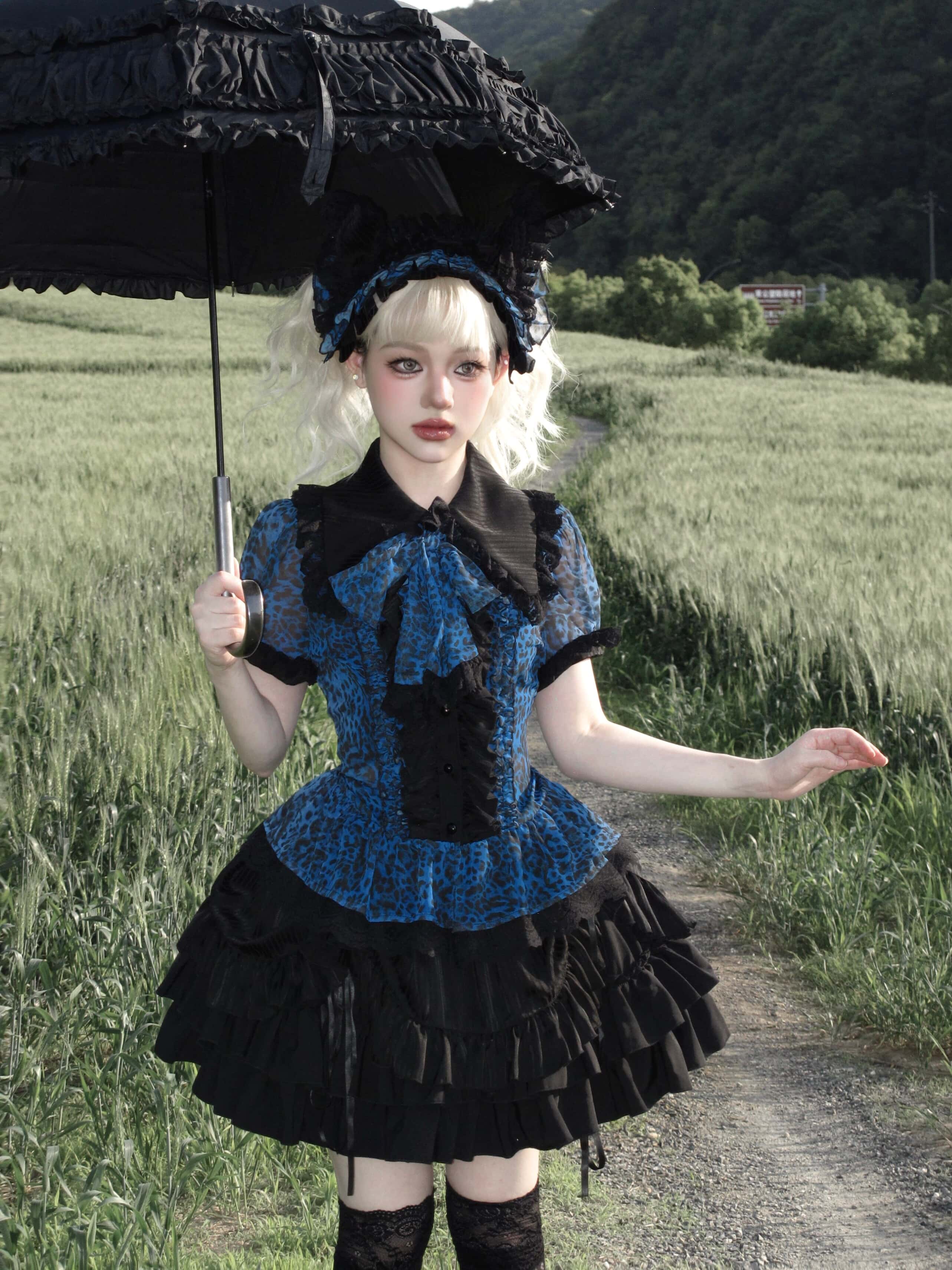 Bengal Cat Gothic Lolita Blue Blouse & Skirt Set