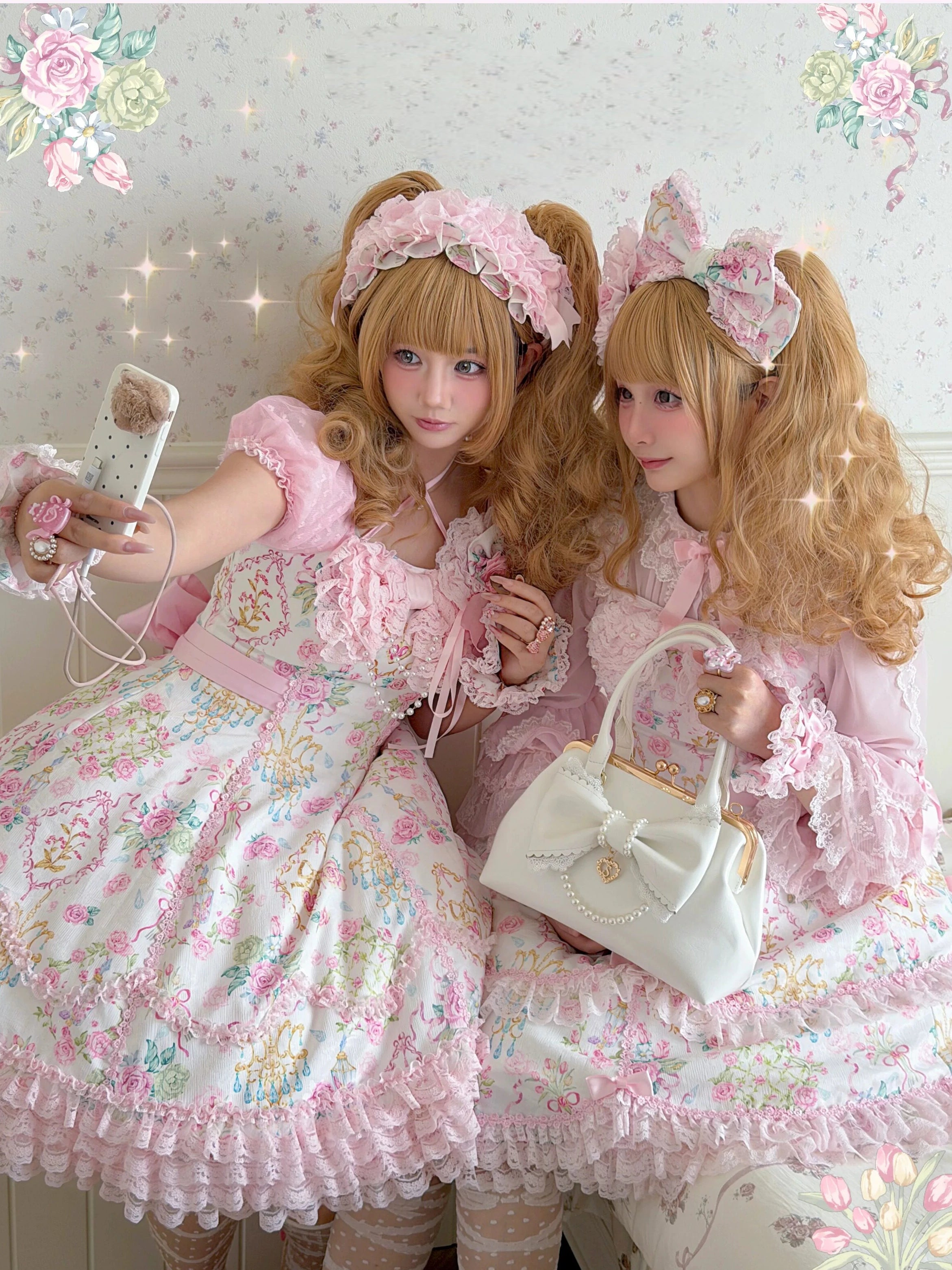 Spring 2025 Vintage Flower Wall Chandelier Rose Print Sweet Lolita JSK Dress