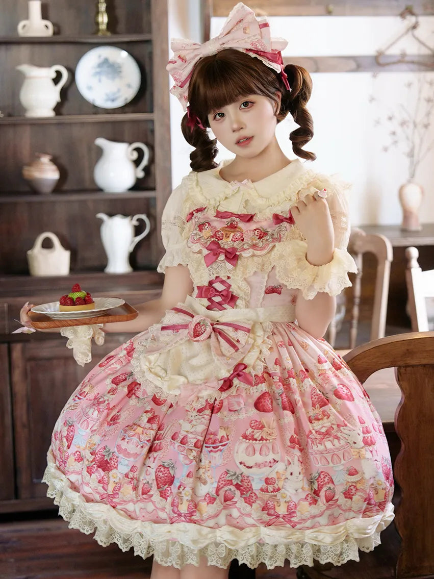 Parfait Dessert Bunny Sweet Cute Strawberry Print Embroidered JSK