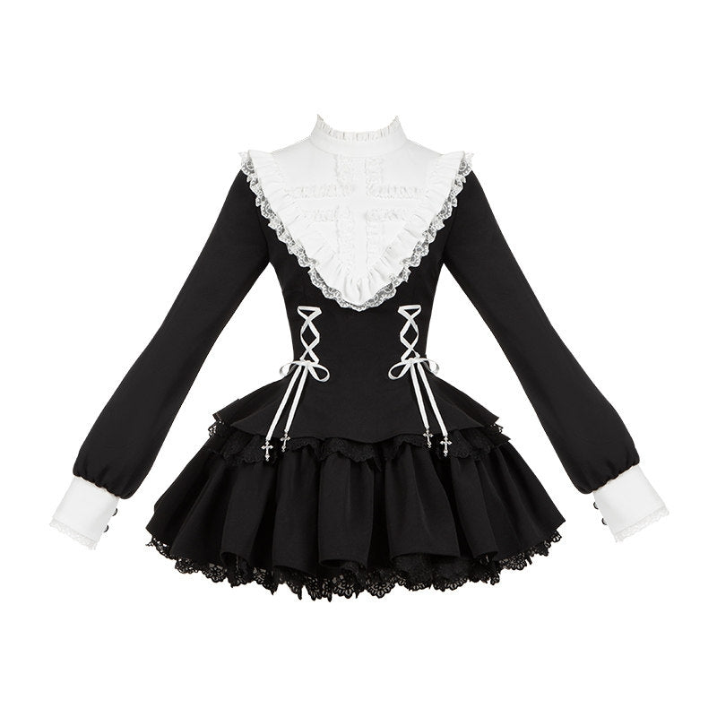 Gothic Sweet Lace Ruffle Cross Lace-Up Long Sleeve Lolita OP Dress with Shorts