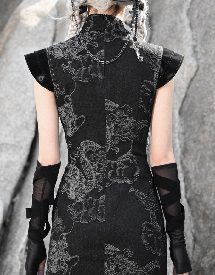 Lolita Punk Dragon Print Denim Dress LG1025