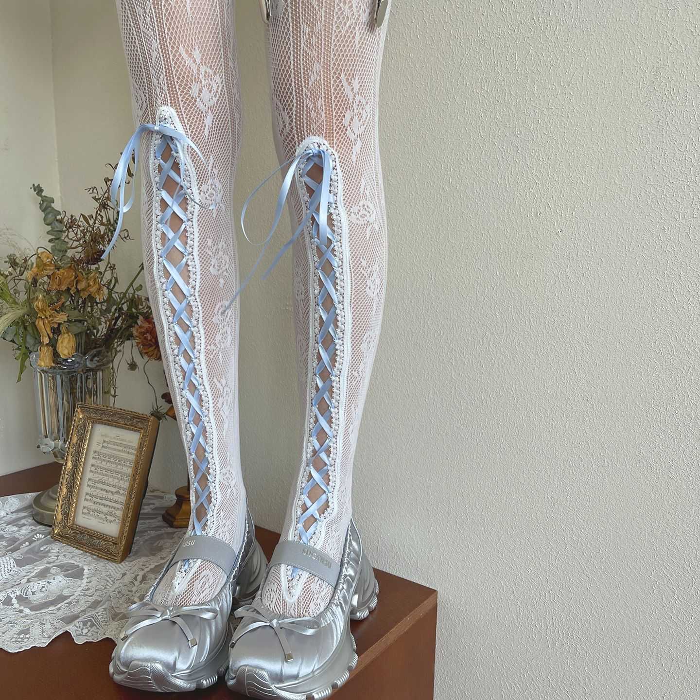 Lolita Blue Lace Ribbon Trim Long Socks